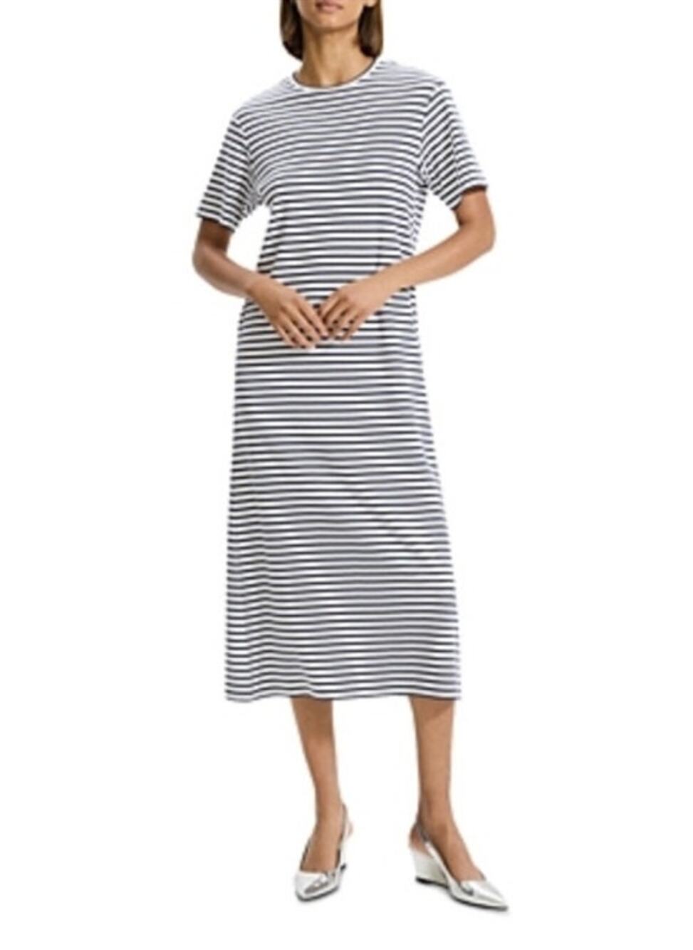 Theory Clinton Knit Striped Navy/White Midi Tee Dress Size XL
